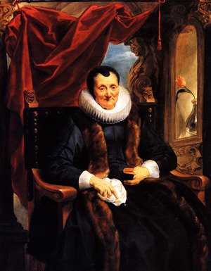 Portrait Of Magdalena De Cuyper, Seated Three-quarter Length In Black, With White Lace Cuffs And Ruff, And A Fur-trimmed Coat, Before An Opening Partly Concealed By A Draped Red Cloth